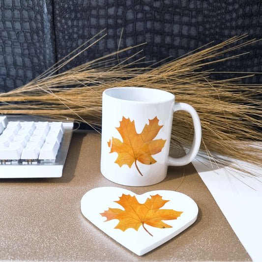 Autumn Maple Leaf 11oz Mug and Heart Shaped Coaster set