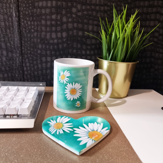 11oz Daisy, Wild flower Coffee mug and heart shaped coaster set