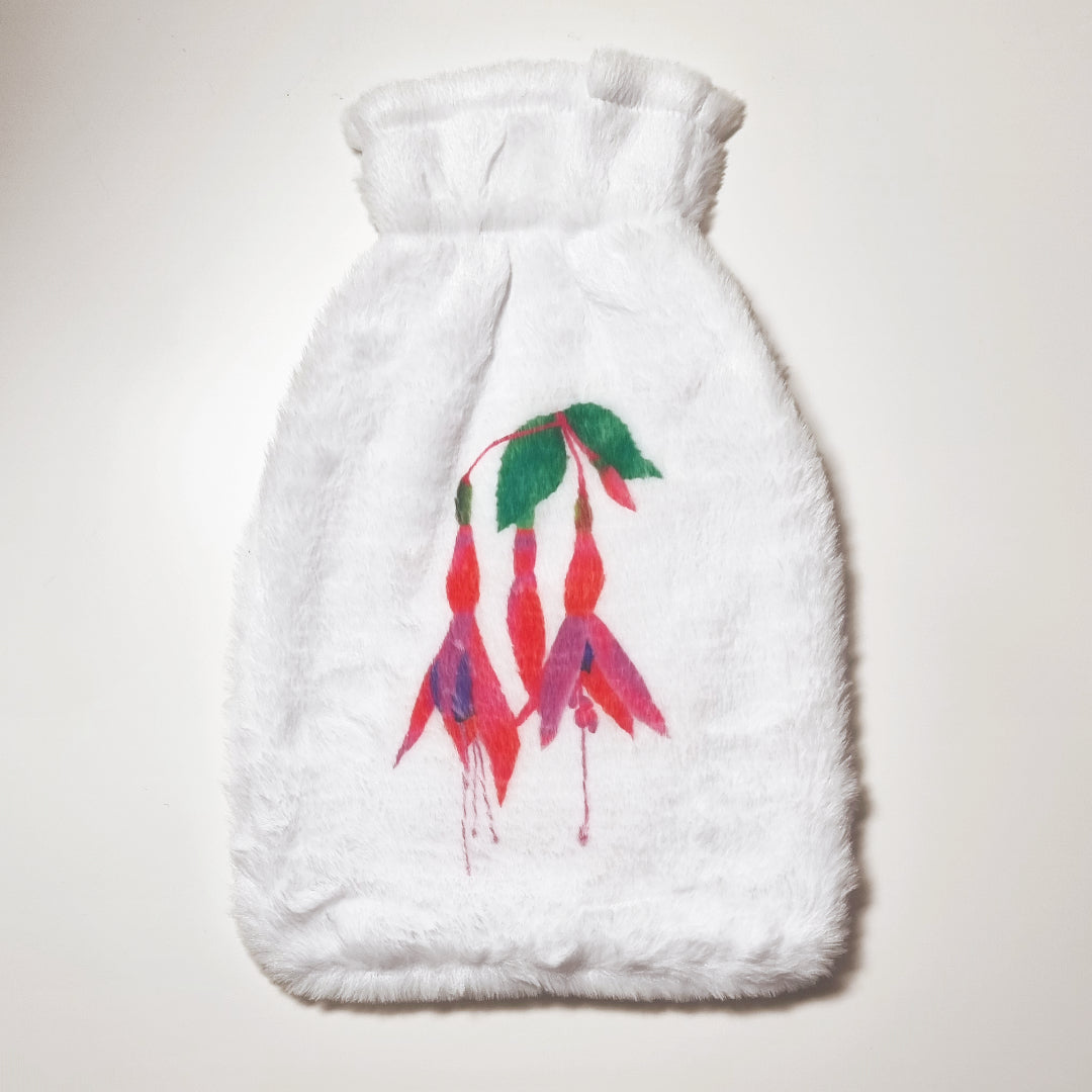 Fuchsia hot water bottle cover, white