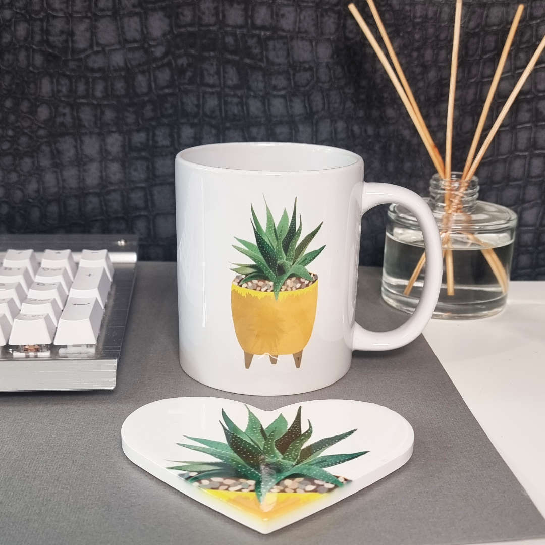 Haworthia 11oz mug and heart shaped coaster gift set