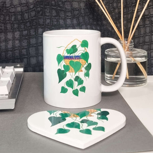 Heart Leaf Philodendron Plant 11oz mug and heart shaped coaster gift set