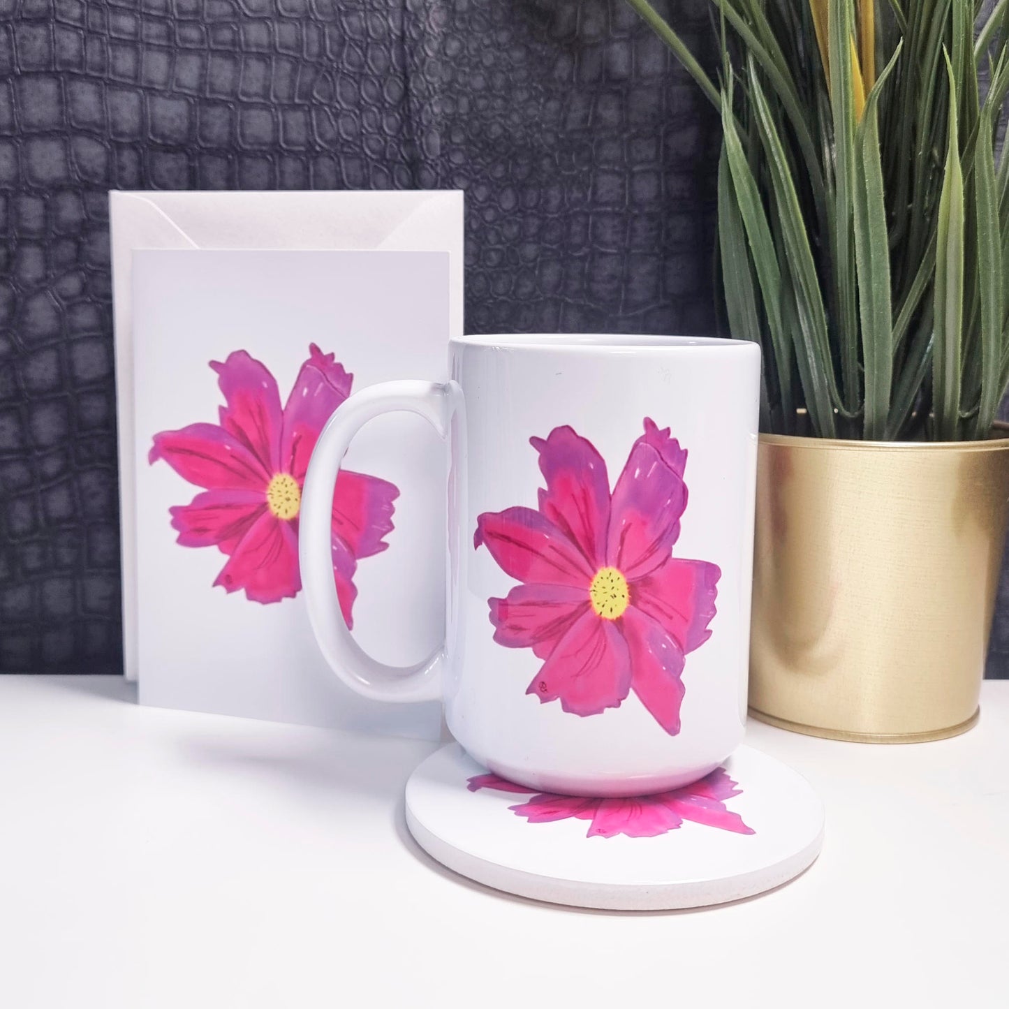 Pink and Purple Flower 3-Piece Bundle: A6 Greeting card, 11oz Coffee Mug, and Coaster