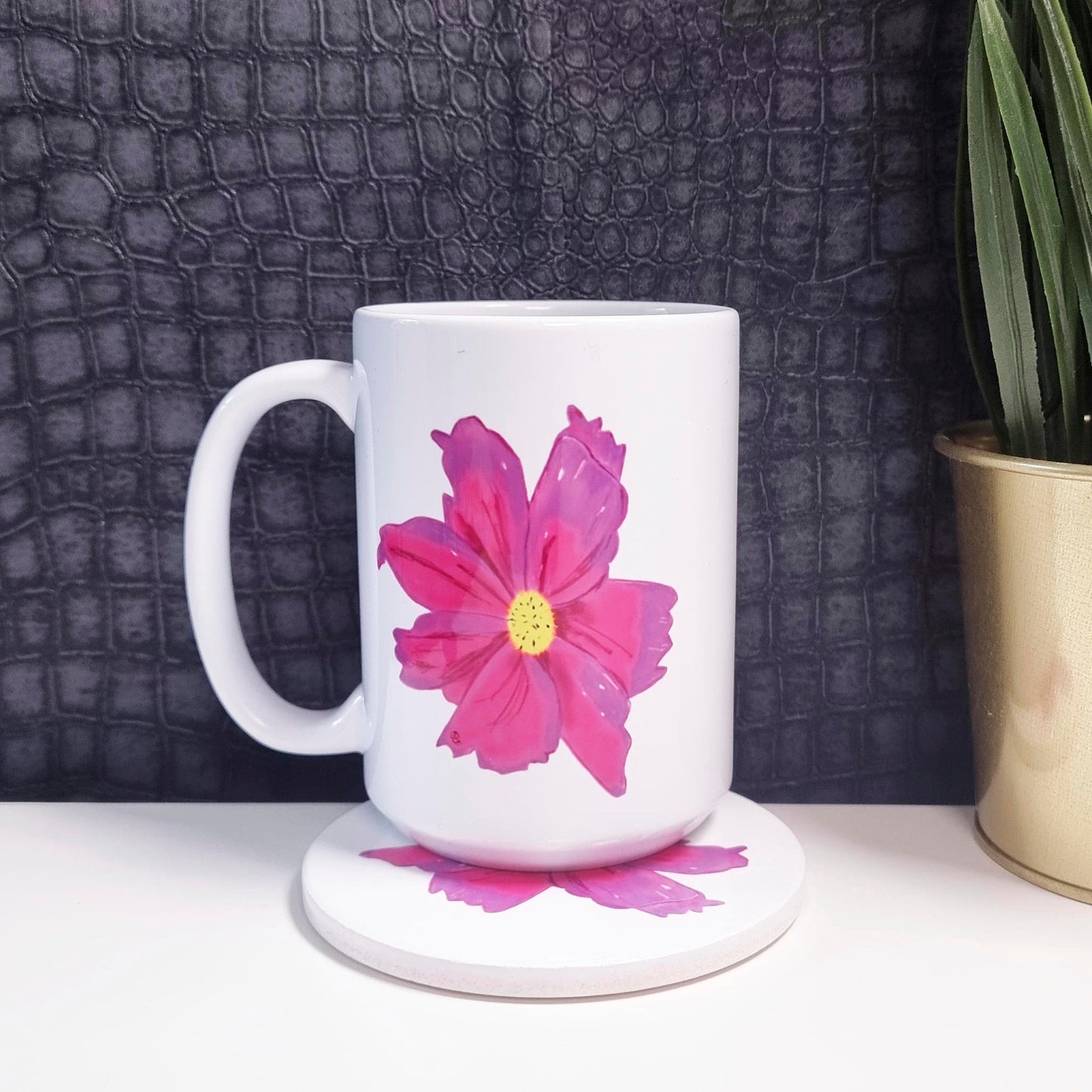 Pink and Purple Flower 11oz Coffee Mug, Ceramic, White