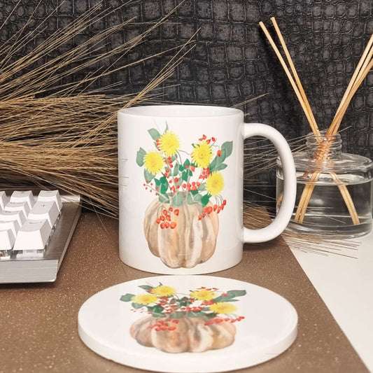 11oz Coffee mug and Round Coaster set with yellow Chrysanthemum flowers, Rose-Hip and Eucalyptus in a rustic pumpkin vase design