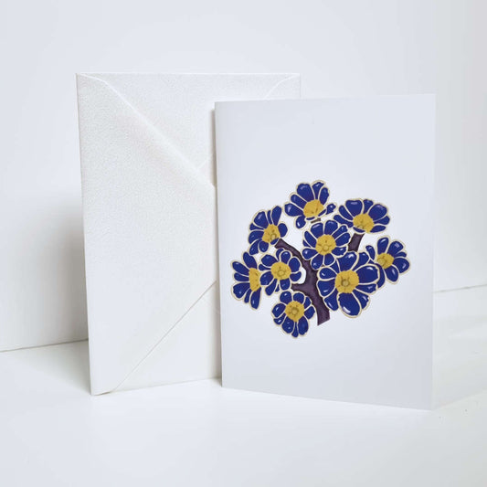 Blue Vulgaris ‘Gold Laced’ Floral Primrose A6 Greeting card with Pearl Oyster Envelope, Blank inside