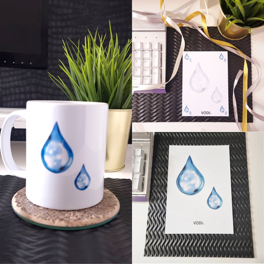 Rain-Drop 3-Piece Bundle: A6 Notepad, A5 Postcard, and 11oz Coffee Mug